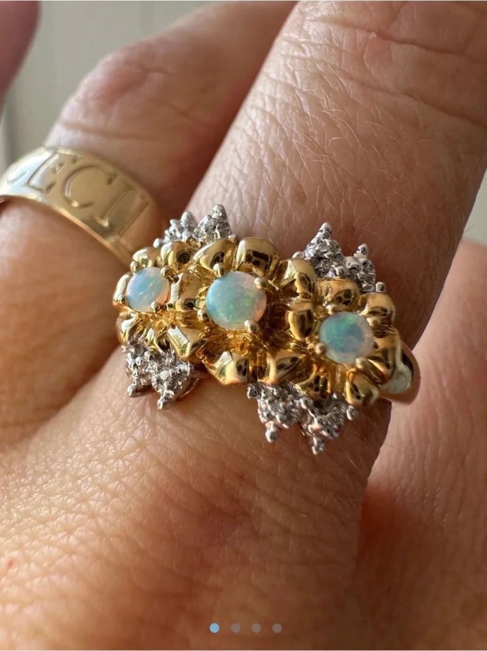 Opal and Diamond Floral Ring in Gold